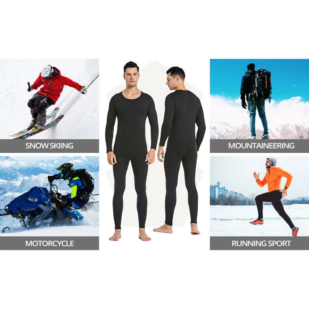 Winter Men Thermal Underwear Set Motorcycle Jacket Skiing Suit Warm Fleece-lined Warm Panels Long Johns Top & Bottom Set Black