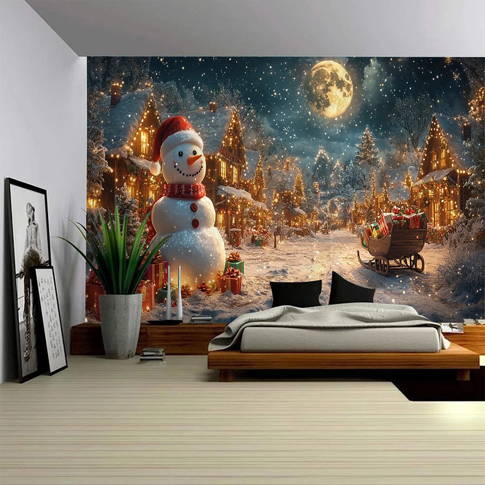 Beautiful Christmas snow scenery, Christmas snowman, Christmas ball hanging, Christmas home decoration tapestry