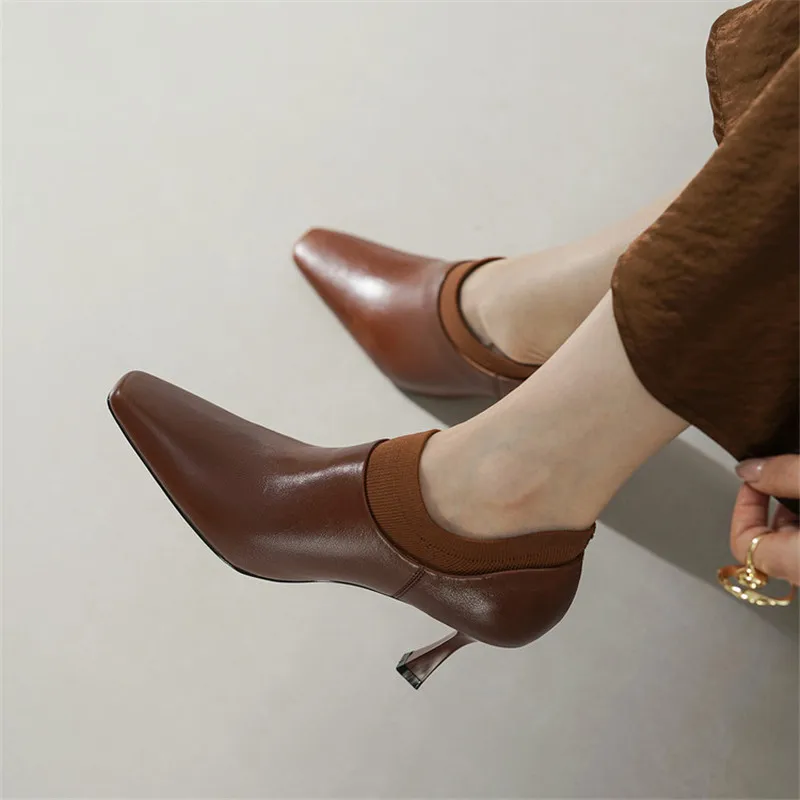 New Spring Autumn Cow Leather Women Shoes Fashion Retro Square Toe Shoes for Women High Heels Slip-on Women Pumps Ladies Shoes
