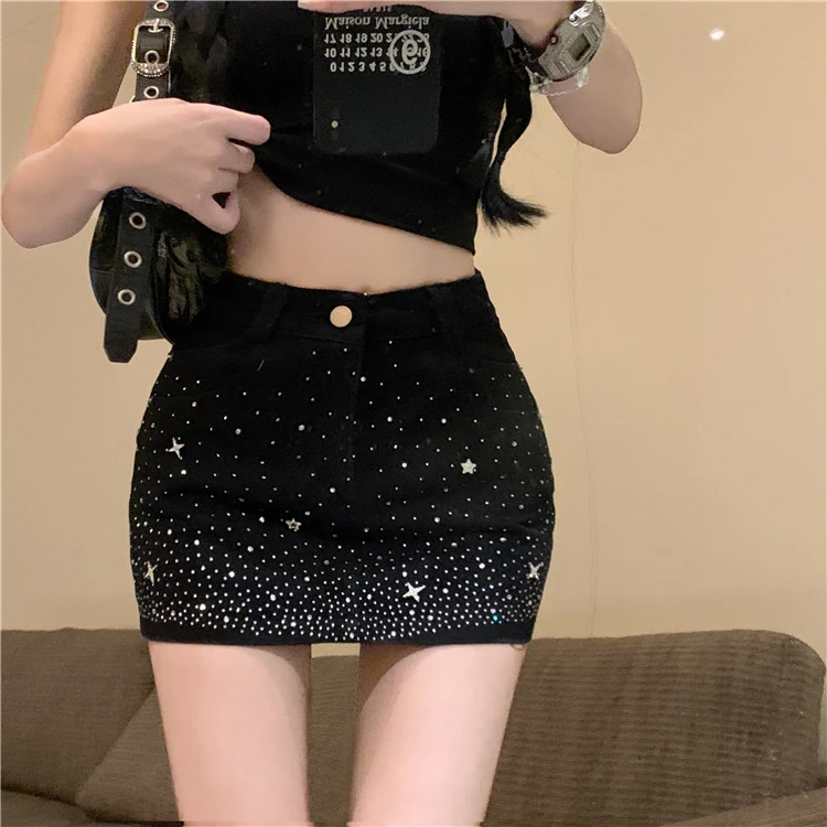 Benuynffy Women Y2k Retro Denim Mini Skirts Summer Hot Diamond Design Jeans Skirts Female Streetwear Sexy Bodycon A Line Skirts