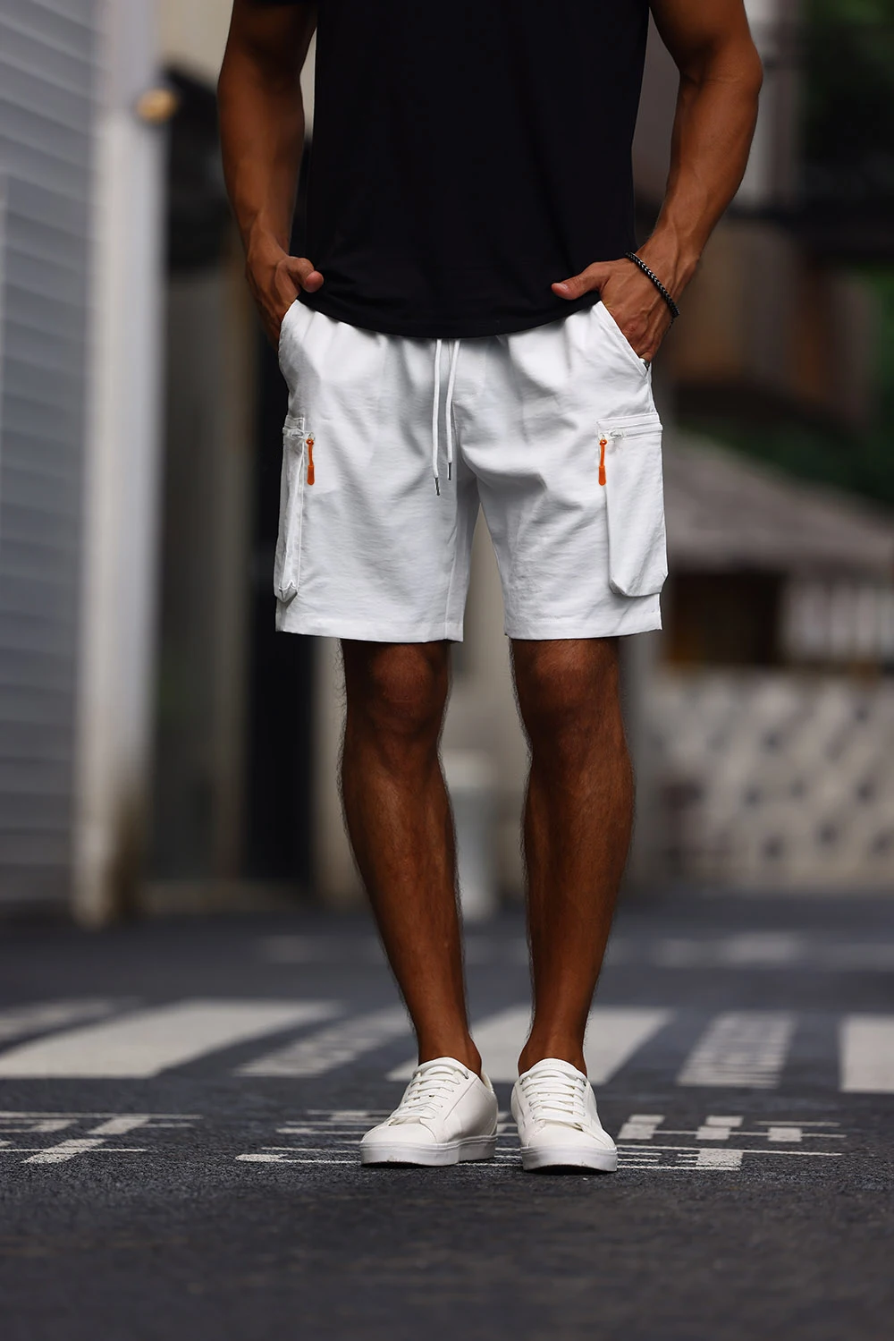 White Zipper Cargo Shorts With Contrast Pockets for Men