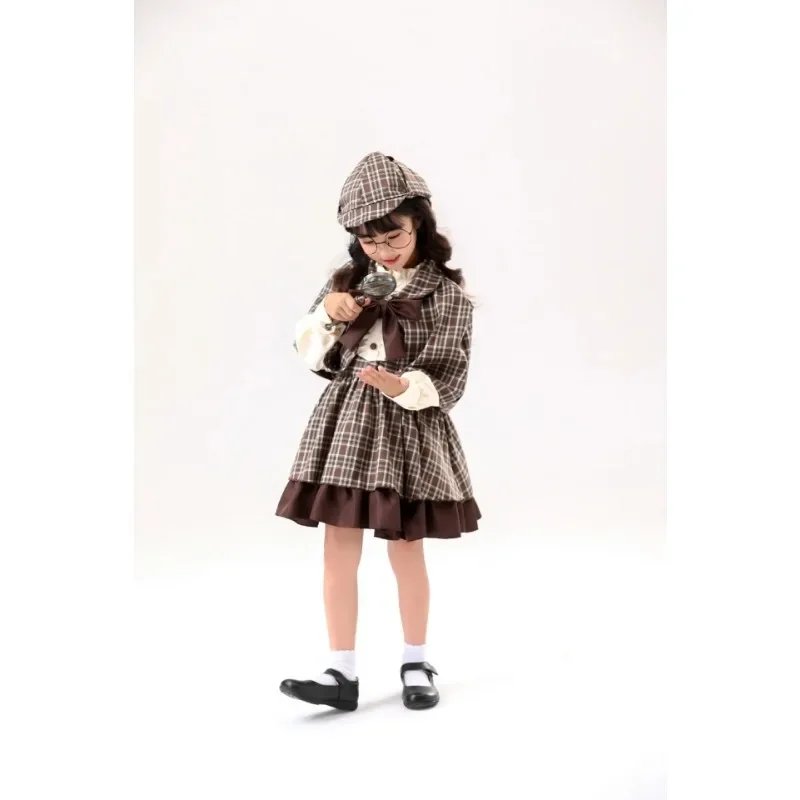 Xm-Robe de Cosplay Lolita pour Fille, Vêtements pour Enfants, Style Institut Britannique, Caseset de Détective, avec Châle