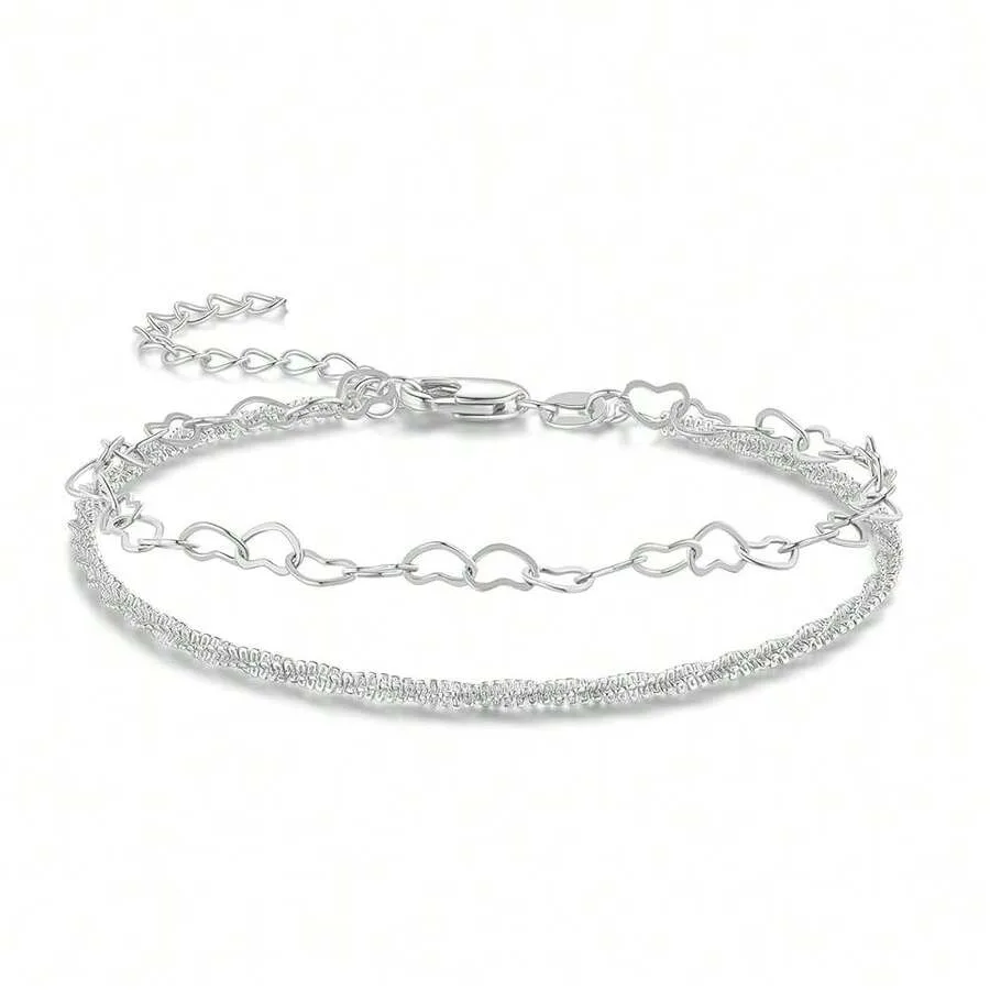 

Gold Silver Layered Anklets For Women Dainty Heart Link Shiny Chain Adjustable Waterproof Ankle Bracelets Summer Beach Foot Jew