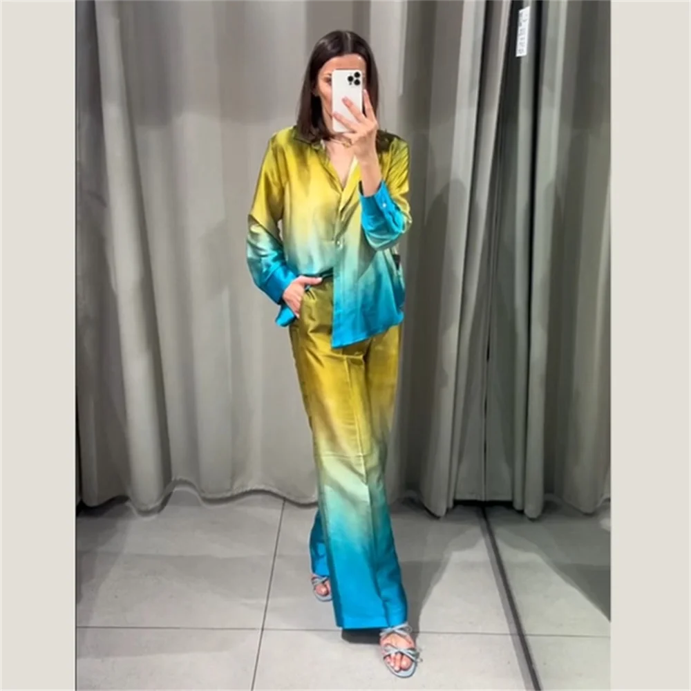 PB&ZA 2024 Summer New Women\'s Fashion and Casual Versatile Silk Satin Texture Tie Dyed Shirt Straight Leg Pants Set