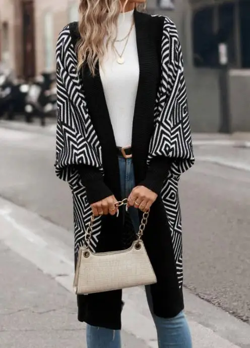 

Autumn and Winter Fashion Contrasting Striped Printed Lantern Sleeve Knitted Cardigan Jacket for Women's Casual Loose Cardigan