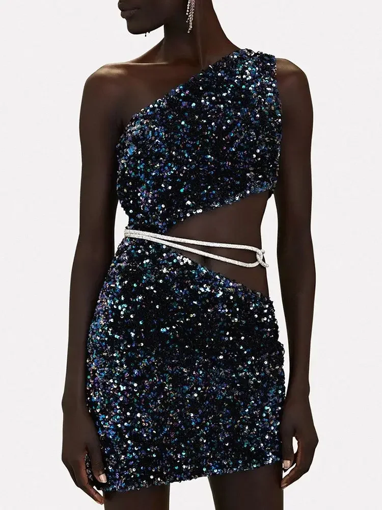 

2024 Summer New Women's Sexy One Shoulder Sleeveless Hollow Out Sequin Mini Dress Bodycon Celebrity Party Evening Dress