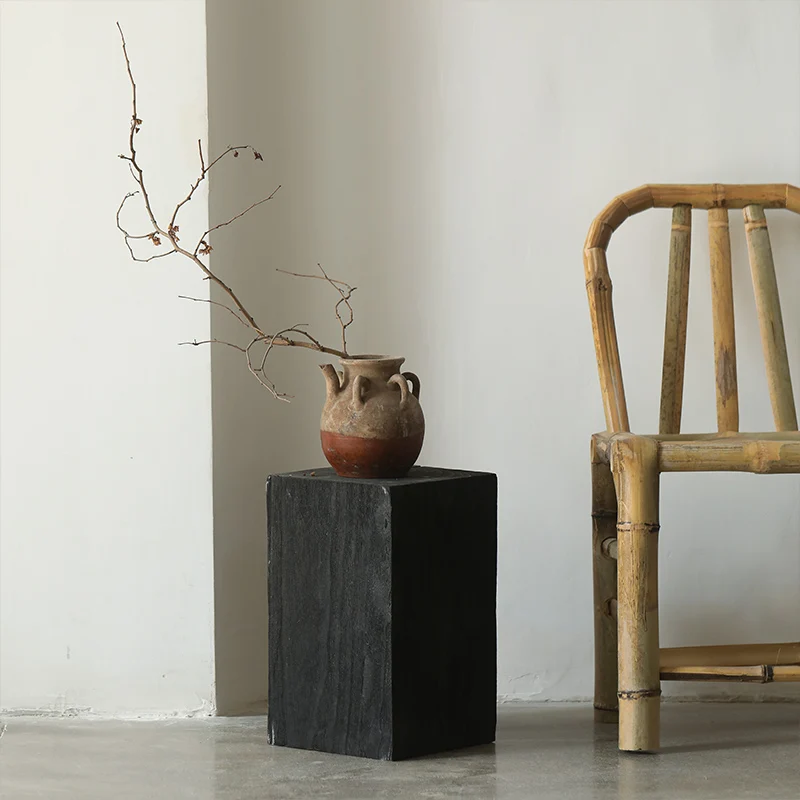 Black Wabi-Sabi Square Side Table Solid Wood Storage Shelf Sofa End Table for Zen Living Room Decor