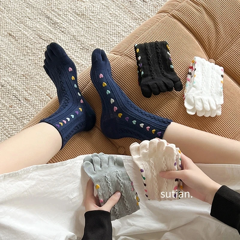 1/5 Pairs 5 Finger Socks Women Girl Cotton 3D Jacquard Vintage Cute Love Colorful Soft Elastic Sweat-Absorbing Toe Happy Socks