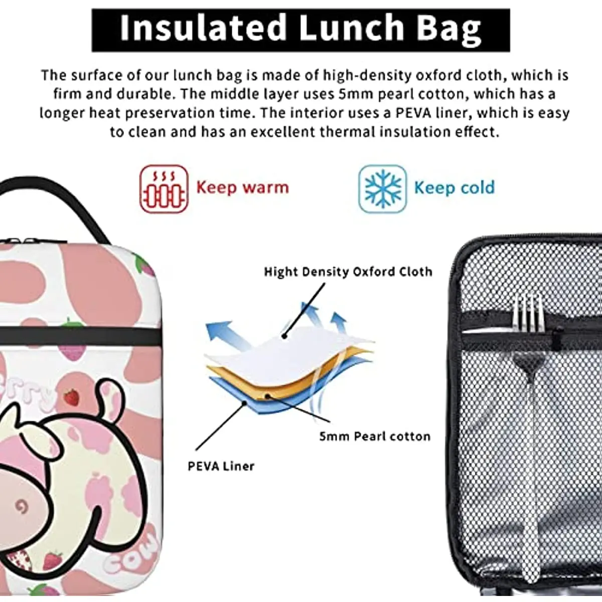 Erdbeer milch Kuh Lunchbox Kinder Jungen Mädchen isoliert Lunch Bag für Frauen Männer Thermal Lunch Bags Bento Box Erwachsene Lunchbox