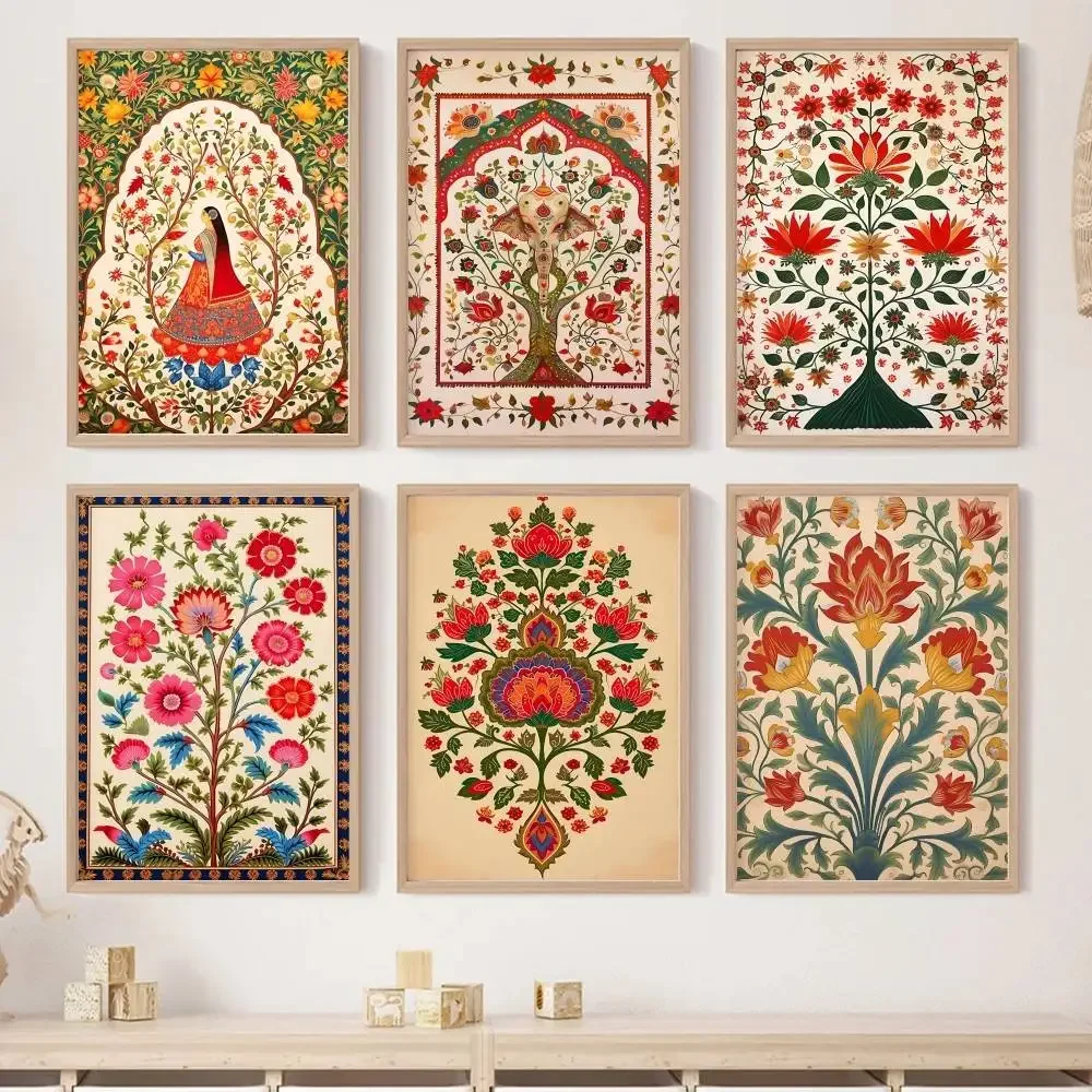 Bohemian Indian Folk Art Poster Tree of Life Floral Elephant Figure Print Wall Painting for Living Room Bedroom Home Decor