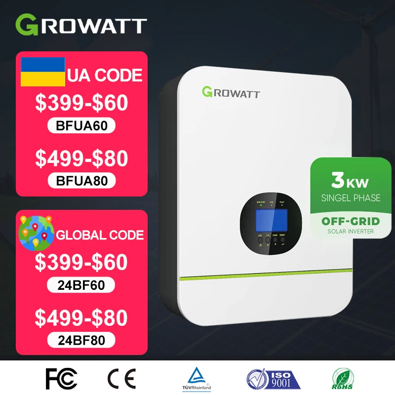 Growatt  Hybrid Solar Inverter  3KW SPF 3000TL LVM Single Phase 24V 48V Off Grid Inverter With Parallel Function