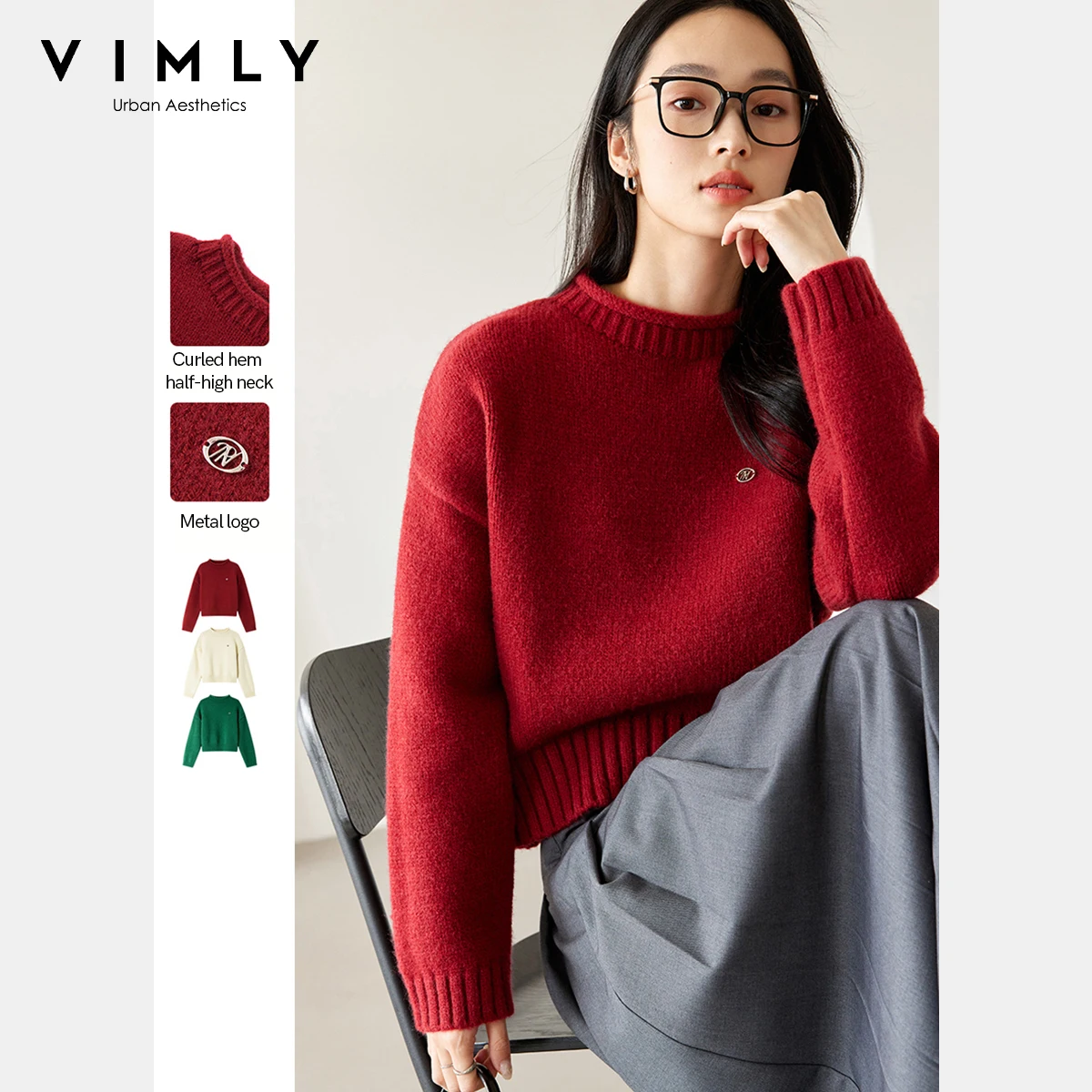 

Женские вязаные пуловеры Vimly, осень 202, высокоэластичные джемперы свободного покроя, удобные мягкие трикотажные изделия 73376