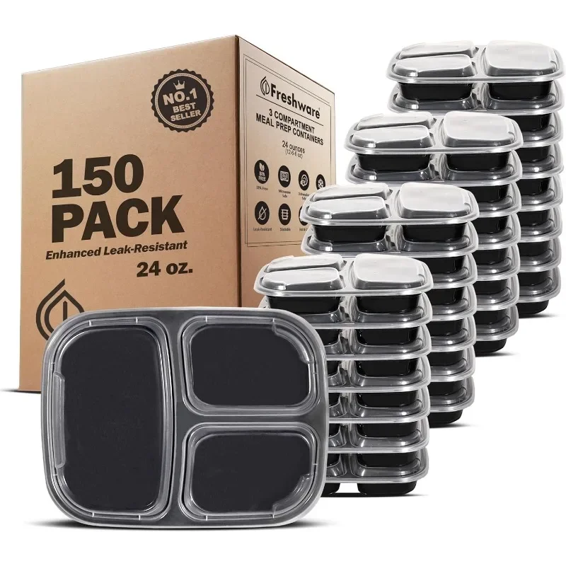 

3 Compartment with Lids, Food Storage Containers, Bento Box, BPA Free, Stackable, Microwave/Dishwasher/Freezer Safe (24 oz)