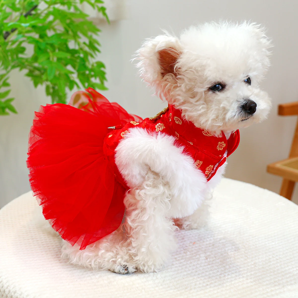 1PC Pet Apparel Cat Winter Plush Thickened Warm New Year Chinese Red Princess Dress With Drawstring Buckle For Small Medium Dogs