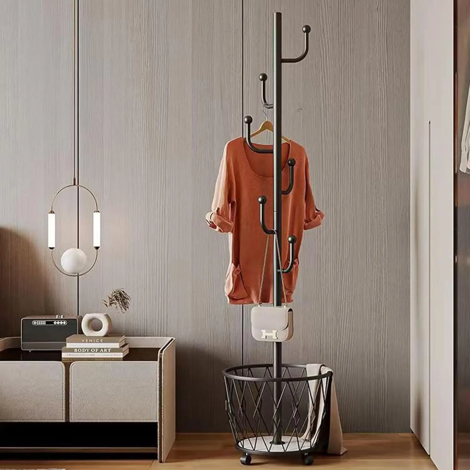 

Modern simple vertical clothes hanger portable clothes rack with rollers and storage basket movable metal clothes hanger does no