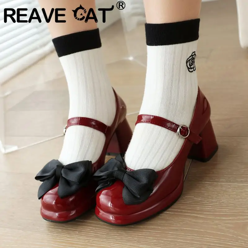 

REAVE CAT Sweet Girls Janes Shoes 32 33 Весенние туфли-лодочки на платформе 5,5 см с круглым носком и бантом, размер 43, с пряжкой и ремешком