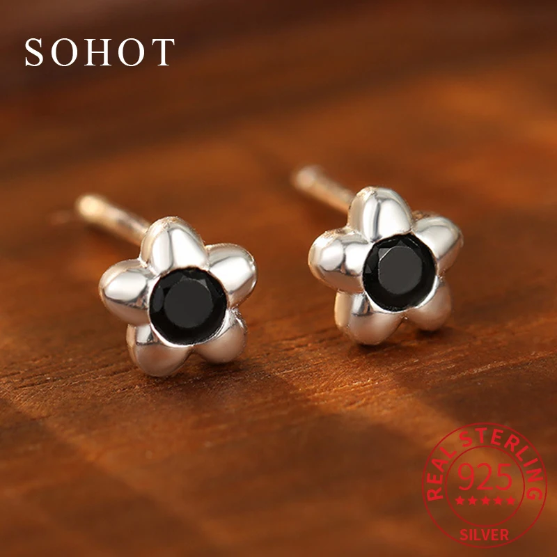 

Real 925 Sterling Silver Black Zircon Mini Flower Stud Earrings for Women Cute Minimalist Fine Jewelry Sweet Cool Accessories