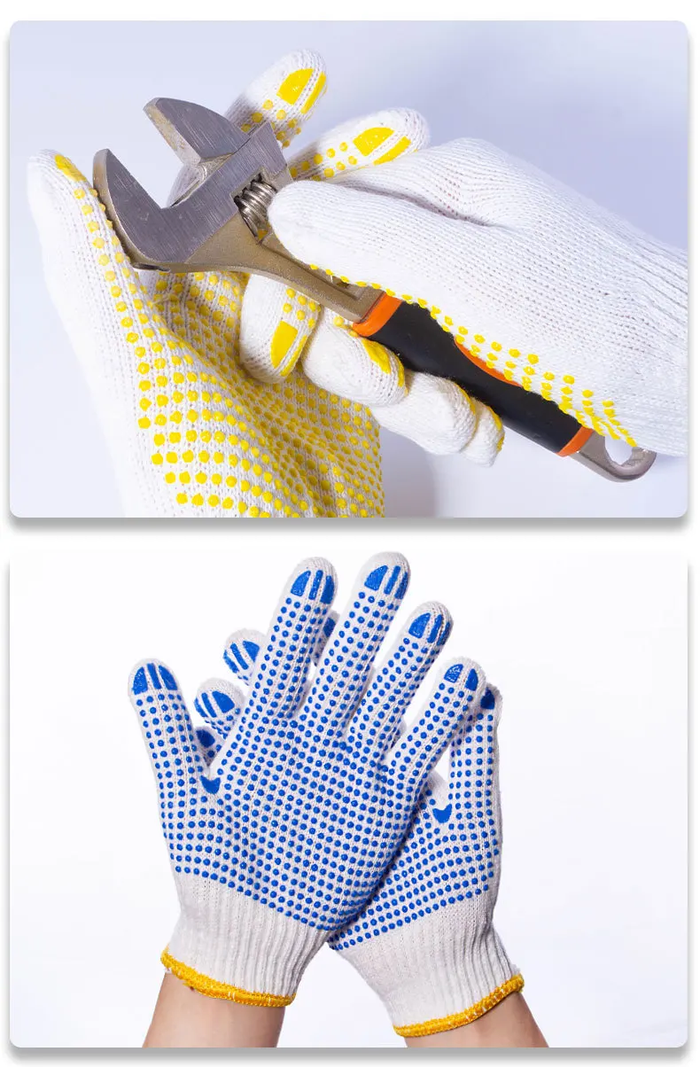 12 Paar Baumwoll-Polyester-Arbeitshandschuhe mit String-Strickschale, Sicherheitsschutz, Malermechaniker, Industrielager mit Punkten – Detail 9