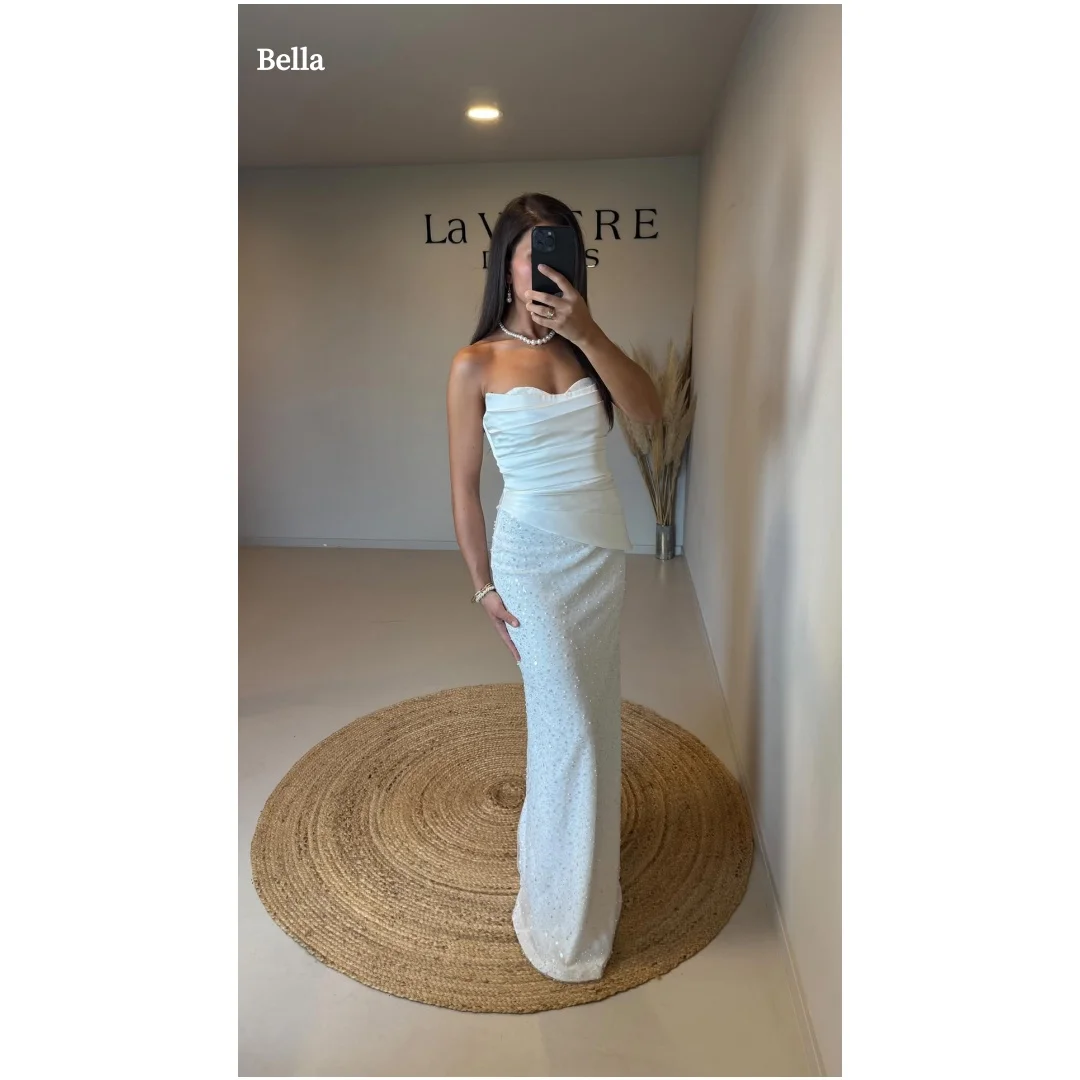 Bella personalizado branco sem alças ruched robes de soirée lantejoulas sereia vestidos de festa elegante vestido de baile formal vestido de noite 2025