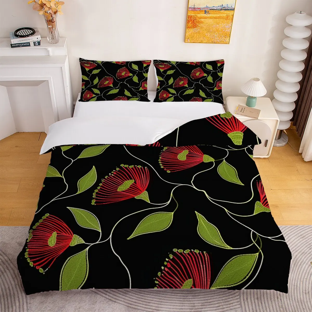 Red plant flowers  Down comforter set large size  Green plant leaves  Room decoration bedding set