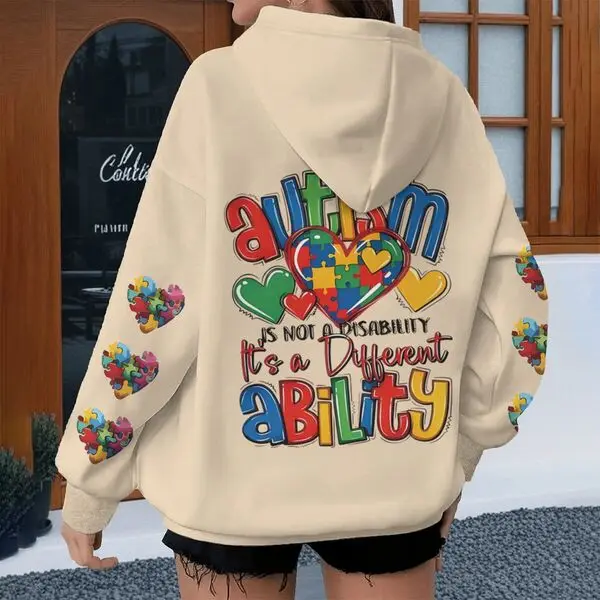 

Fun Autism Ability Hoodies for Women Men Loose Vintage Autism Awareness Long Sleeve Hoody Gift