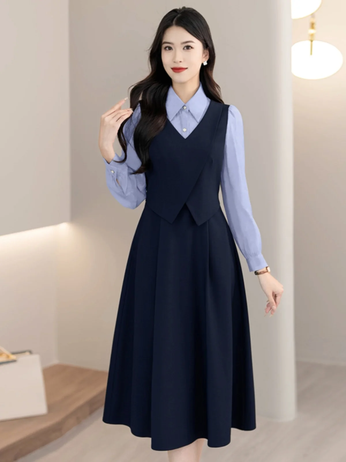 

Элегантное модное платье-обманка с эффектом двухслойности, приталенное, профессиональное, женское, с завышенной талией, из полиэстера, с длинными рукавами