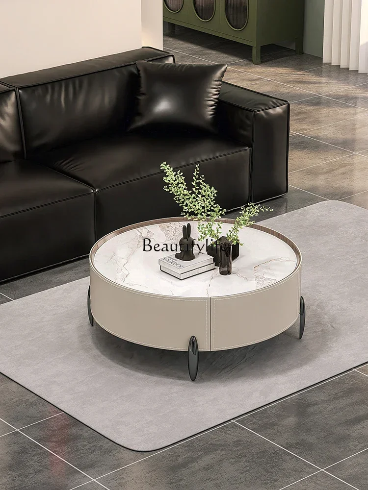 

35FG26Cream Style round Saddle Leather Tea Table Solid Wood Multi-Functional Stone Plate Tea Table