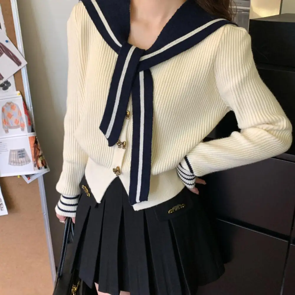 Ele Preppy Sle Strickjacke mit Sa und Bule Navy Collar Thiened Herbstpullover für Damen