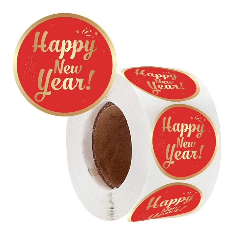 

500Pcs Happy New Year Sticker Round Wrapping Labels for Package Card Candy Bag