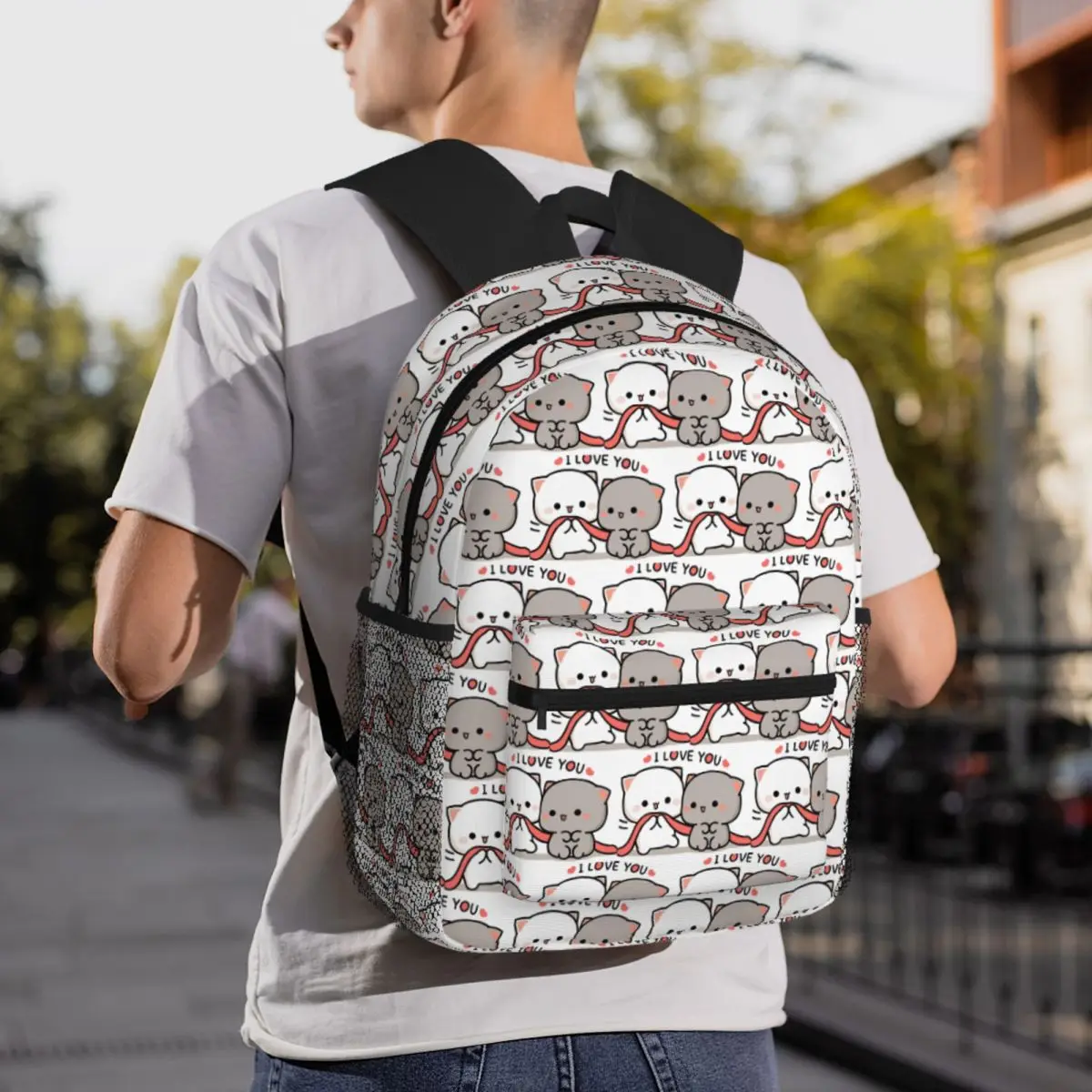 Cat Peach And Goma Mochi Cat I Love You Backpack Student BookBag Children School Bag Laptop Shoulder Bags for Men Women