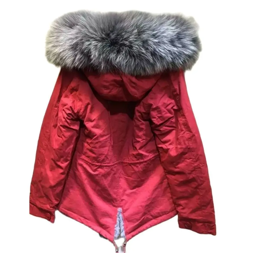 Red Cotton Short Stylish Parka Men Unique Gray Rex Rabbit Fur Lined Overcoat Factory Directory Coat