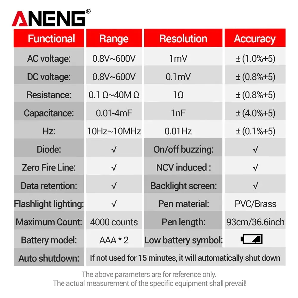 ANENG A3006 Digital Multimeter Pen Type 4000 Counts AC/DC Voltage Meter Tip Test Zero Fire Line High Precision Electric Tools