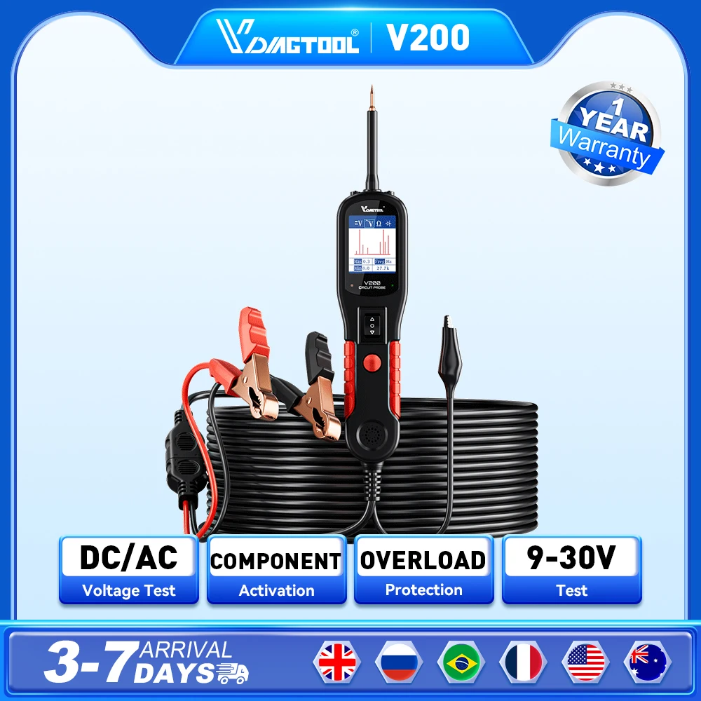 VDIAGTOOL V200 Tester obwodów elektryczny 6V-30V samochodowy zestaw sondy instalacja elektryczna Tester wyświetlacza LCD Tester napięcia