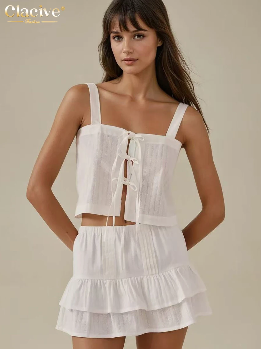 

Clacive Summer Slim White 2 Piece Set Women 2026 Sexy Sleeveless Crop Top With High Waist Pleated Mini Skirt Set Female Clothing
