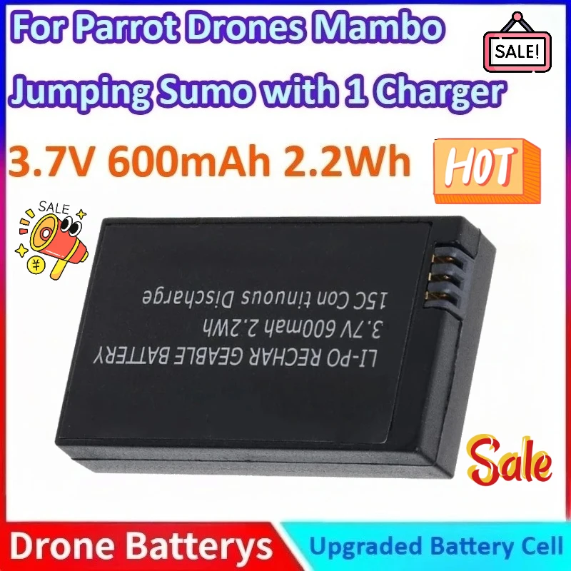 

New 2.2Wh 3.7V 600mAh 15C Large Capacity Drones Replacement Lipo Battery for Parrot Drones Mambo,Jumping Sumo with 1 Charger