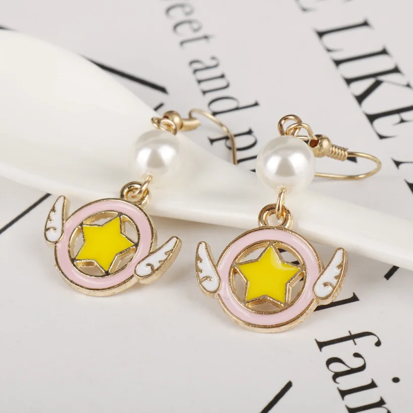 Anime Card Captor Sakura Drop Earrings Key Angel Wing Moon Pearl Dangle Earrings For Women Girls Gift