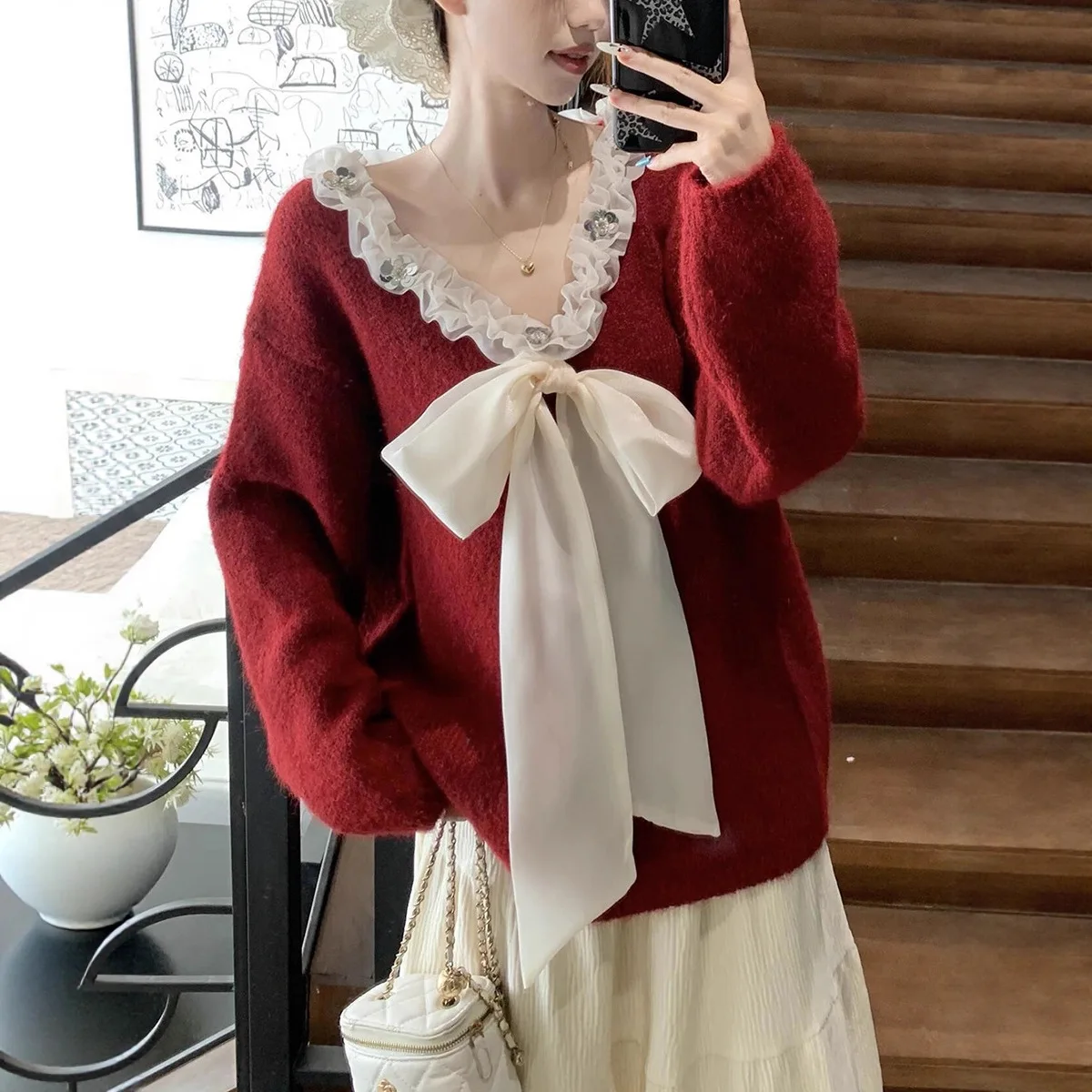 

Женский свободный вязаный свитер с узлом и кружевом, осенне-зимняя новинка, комфортный и уютный, с круглым вырезом