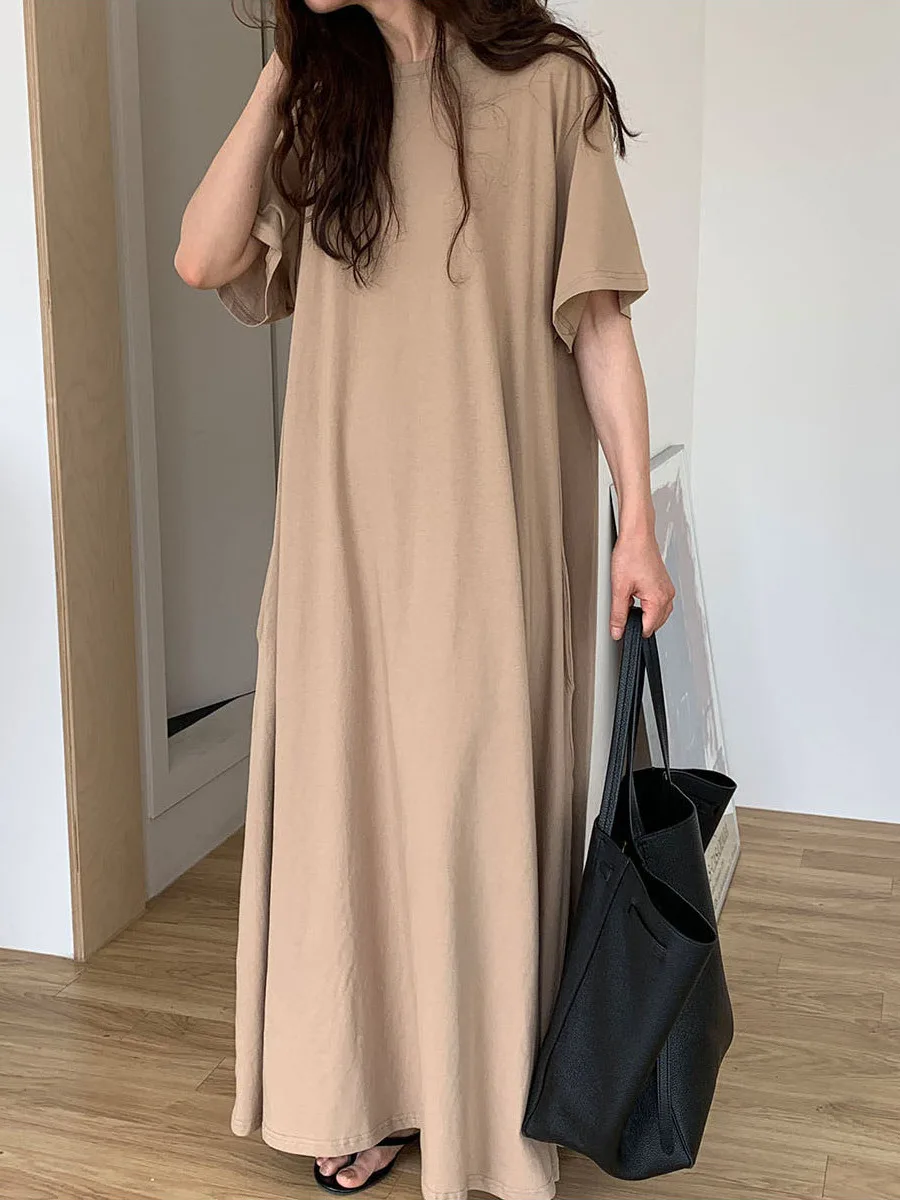 Basic Versatile Summer Cool Feeling  Color Loose Floor-Length T-Shirt Dress Long Skirt 5 Colors Korean Style Women's Clo...