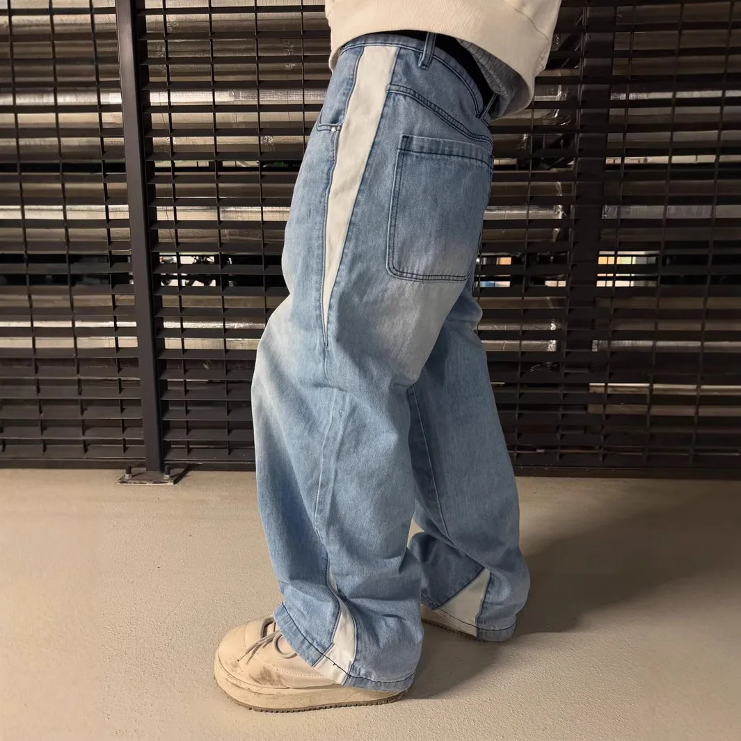 

Retro Washed Slimming Light Blue Men's Baggy Jeans American Style Trendy Wide Leg Denim mid Waist Zipper Opening Casual Jeans
