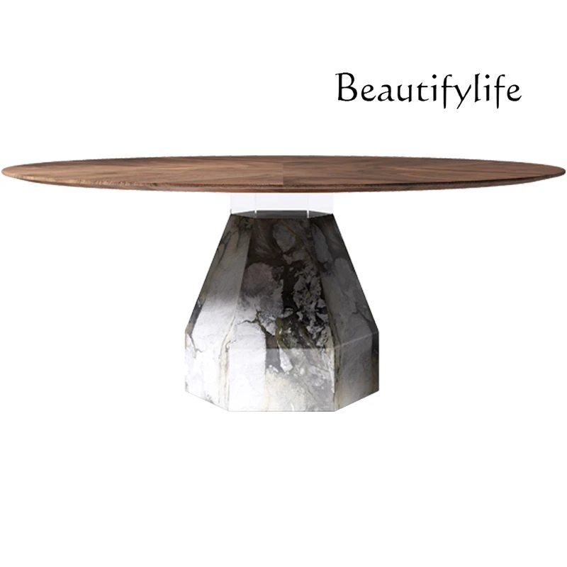 

Natural marble dining table household villa large modern high-end luxury stone round dining table and chairs