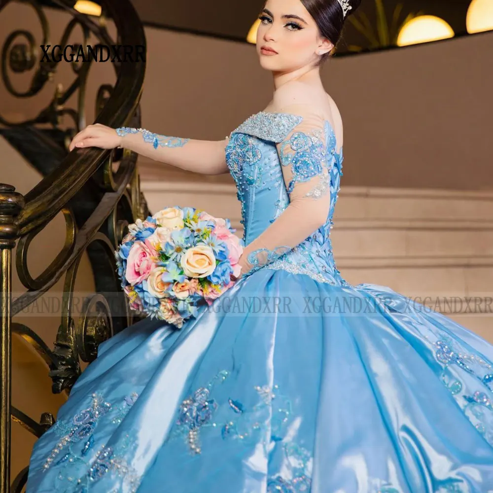 Vestido de quinceañera azul de lujo, traje de baile de capas con volantes, hombros descubiertos, fiesta de cumpleaños, 15, 16 años, 2024