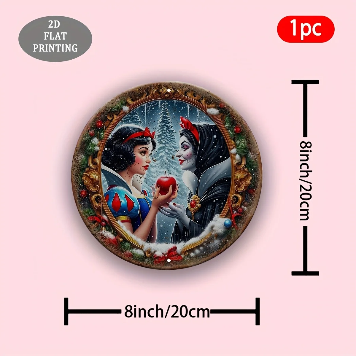 مسطح ثنائي الأبعاد - قطعة واحدة من لافتة حائط ألومنيوم مستديرة بطابع الأميرة - تصميم مسطح ثنائي الأبعاد مع مشهد شتوي ثلجي، فستان دانتيل أحمر وديكور تفاح، P