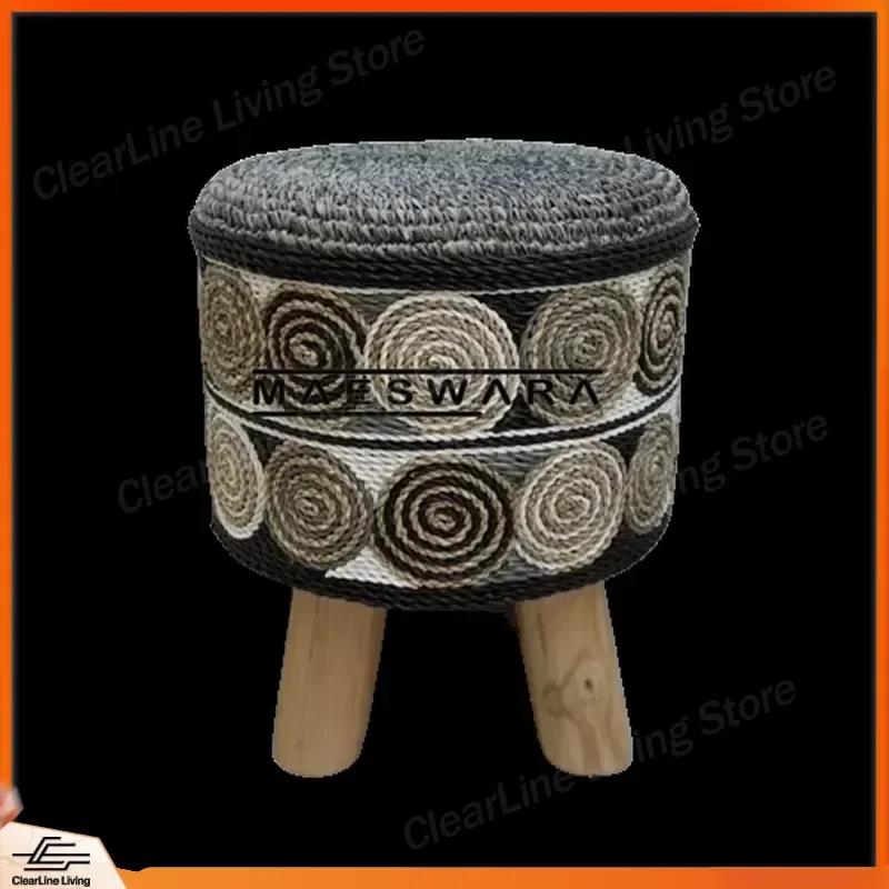 for STOOL MOZAIK 5 Luxury Handmade Seaweed and Sisal Woven Round Storage Stool with Solid Wood Legs Bohemian Style Furniture