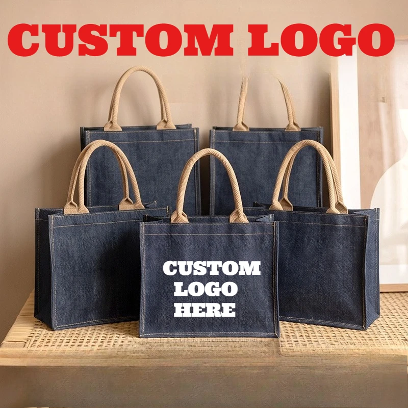 Custom Printed Logo Denim Tote Bag Retro Simple Eco-Friendly Large Capacity Hand Shopping Bag Birthday Wedding Gift Bags