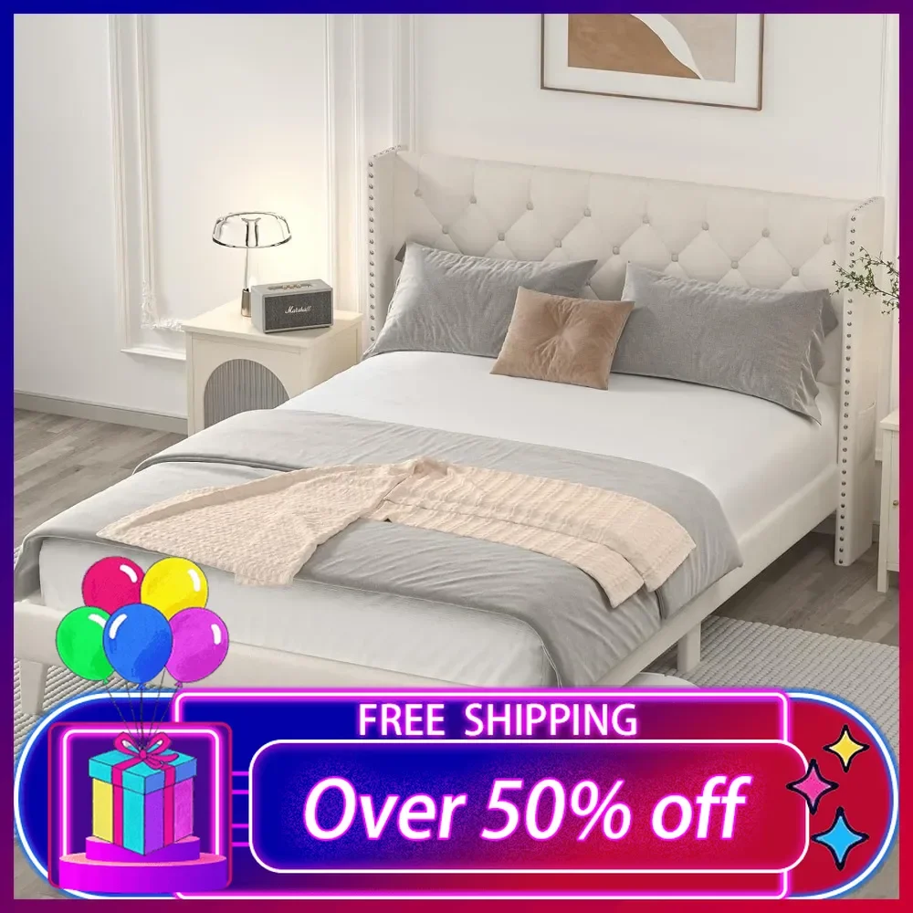 Full Size Bed Frame with Wingback Headboard, Upholstered Platform Bed Frame with Diamond Tufted Headboard & Lights, Wood Slat