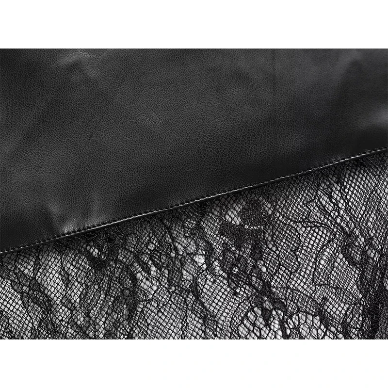 Vestido midi de empalme de cuero de encaje para mujer, vestidos de tirantes sin mangas con cuello en V a la moda, vestido de fiesta sexy para mujer