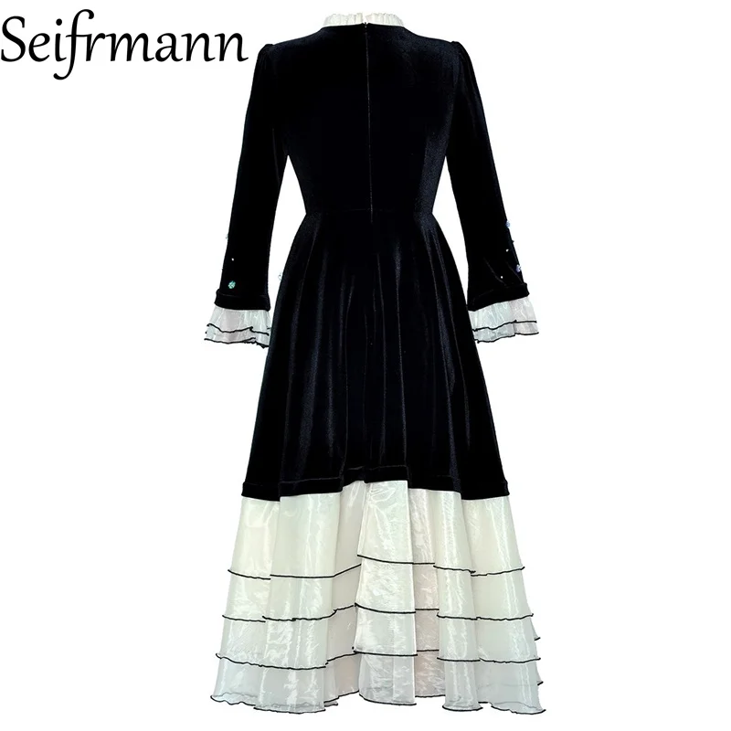 Seifrmann 2026 printemps femmes nouvelle mode col rond à manches longues clou perle tridimensionnelle fleur robe scintillante ﻿