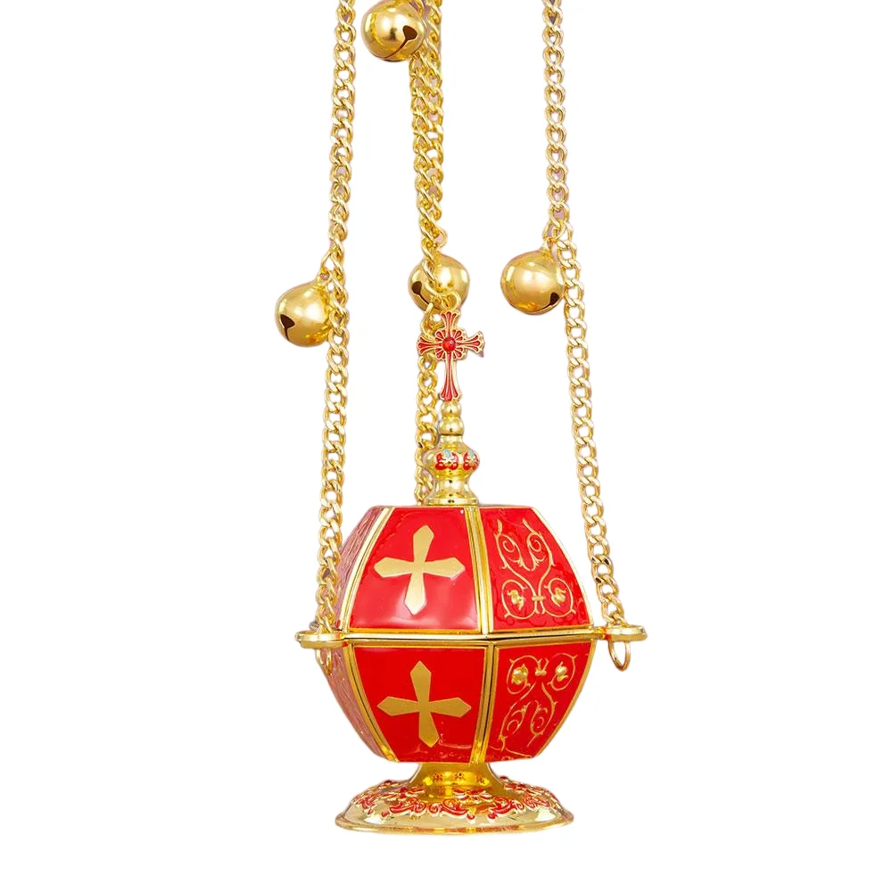 HTISOK Orthodoxes Kirchen-Weihrauchfass, hängendes Thurible, Kreuzdekoration mit Metallkette und Glocken, religiöse Utensilien, orthodoxes Weihrauchfass – Detail 1
