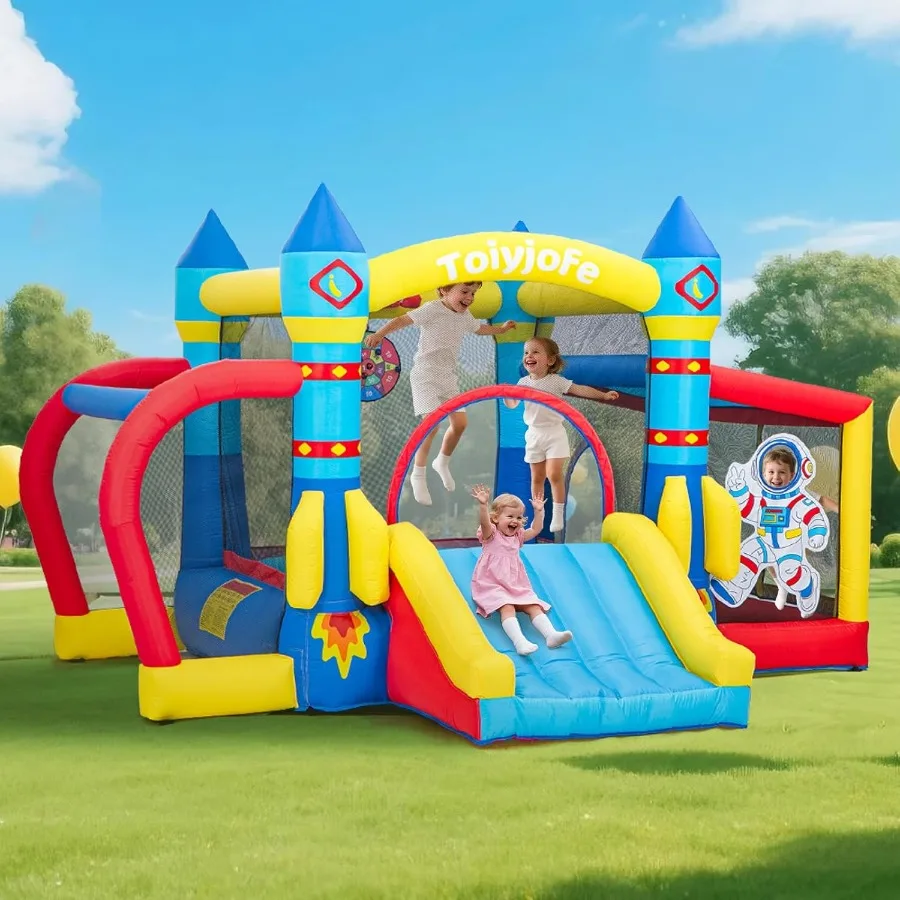 

Space Adventure Bounce House 7-in-1 Rocket Astronaut Theme Inflatable Castle with Slide Air Blower Ball Pit Indoor Outdoor Boun