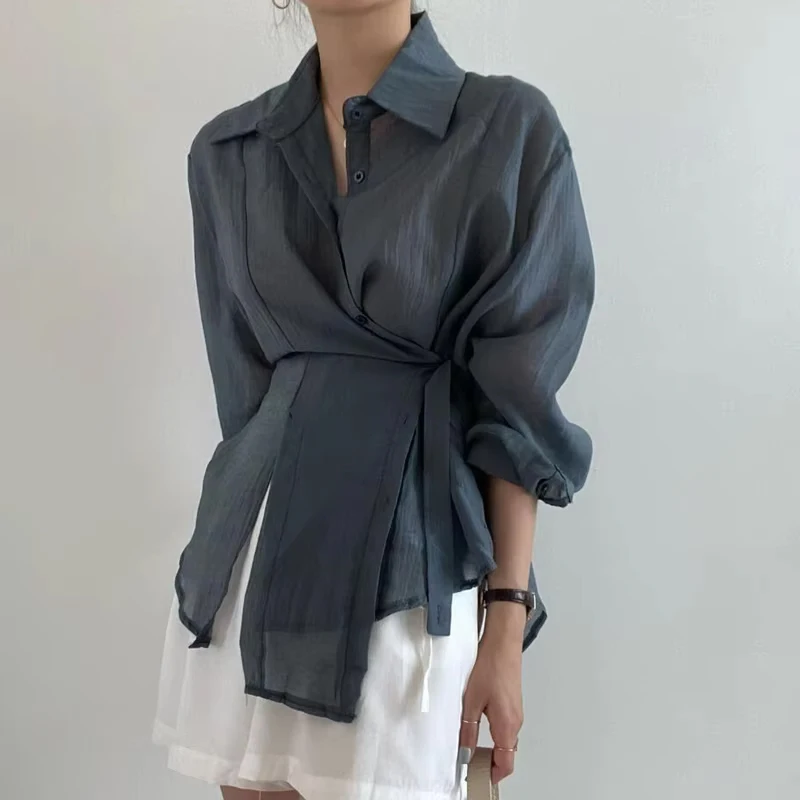Fashion Long Sleeve Irregular Women Shirt Loose Casual Sunscreen Blouse Elegant Office Women Button Ladies Shirts Tops 15674